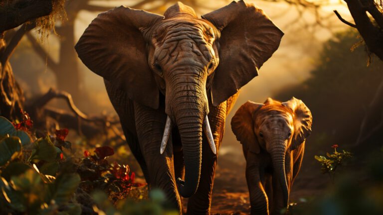 Elephant and cub walking in woodland - Nature's harmony in a single frame