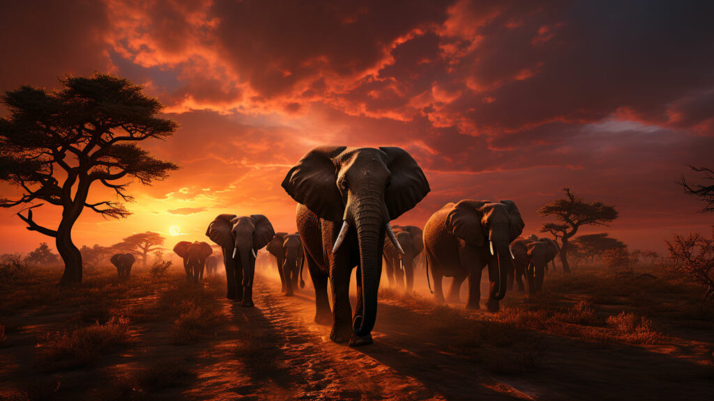 African elephants in a breathtaking sunset scene - Wallpaper.