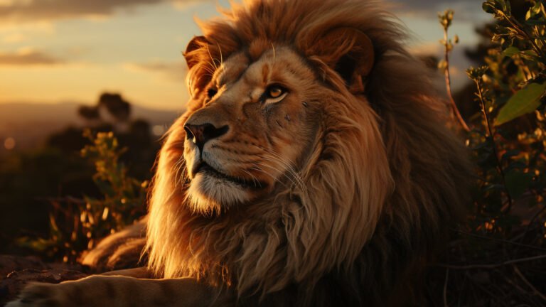 A majestic lion reclining gracefully on grass with deep, majestic look into horizon.