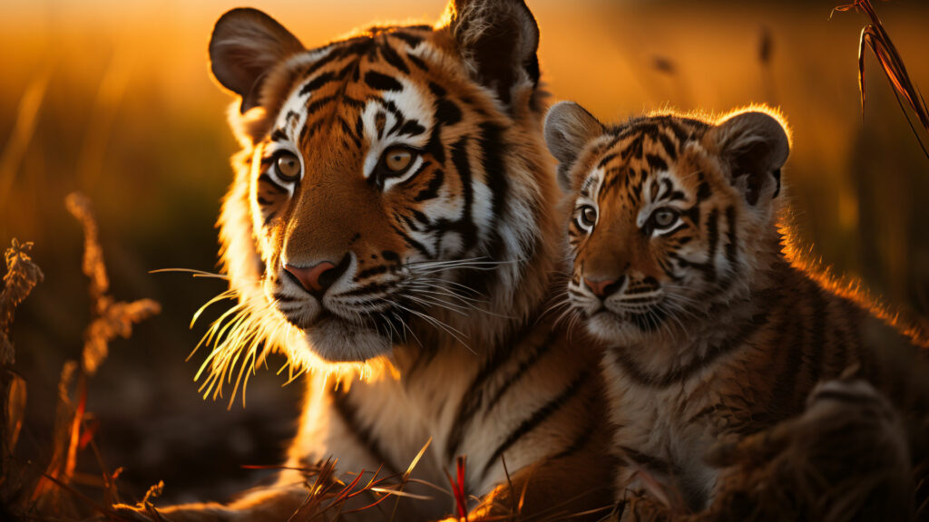 Tiger and Tiger Cub in Intimate Moment