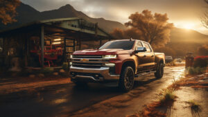Chevrolet Silverado Diesel Wallpaper - The Silverado Diesel at a fuel station, showcasing its readiness for the road and a blend of power and efficiency.