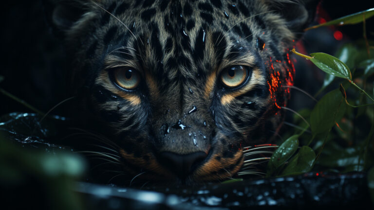 Captivating image of a leopard's intense yellow eyes gleaming in the darkness.