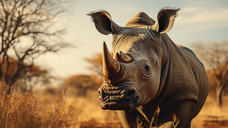 Massive rhinoceros grazing peacefully in the African savannah, a serene wildlife scene.