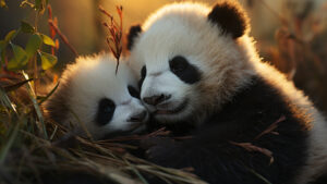 Adorable panda cubs snuggling with their mother.