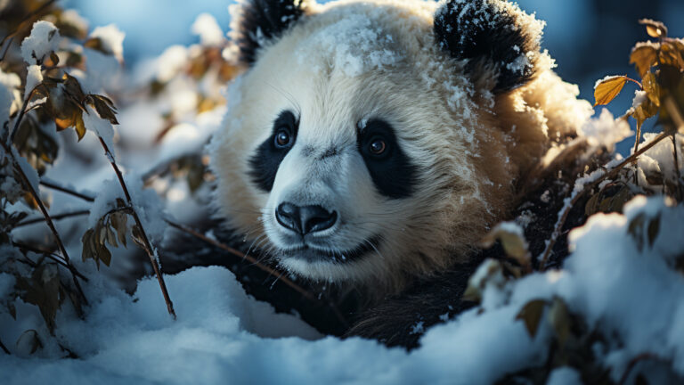 Snowy forage of giant pandas in a winter wonderland.