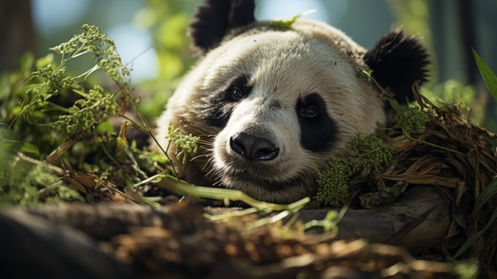 Giant pandas peacefully napping in a bamboo forest, wrapped in misty bamboo dreams.