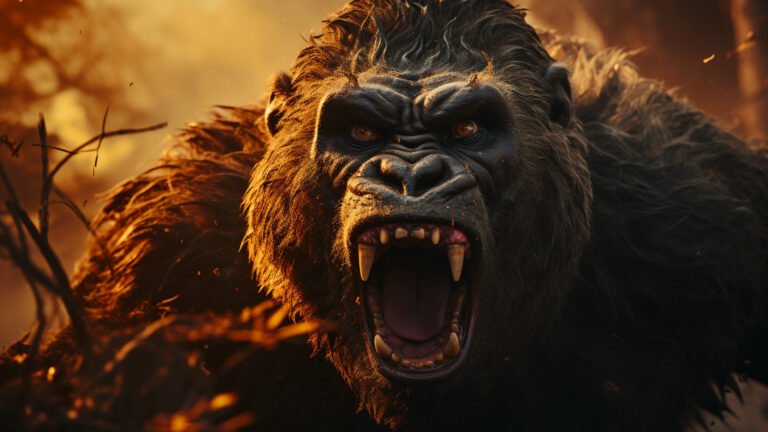 "Gorilla's dramatic charge through the jungle, showcasing their powerful strength and intensity.