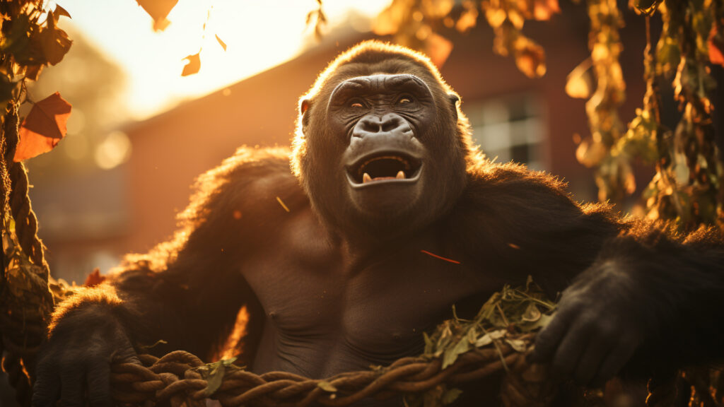 Gorillas demonstrating graceful vine-swinging acrobatics, showcasing their agility and elegance.