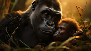 Experience the emotional embrace of a heartwarming family reunion among gorillas, a touching display of love and connection in this captivating image.