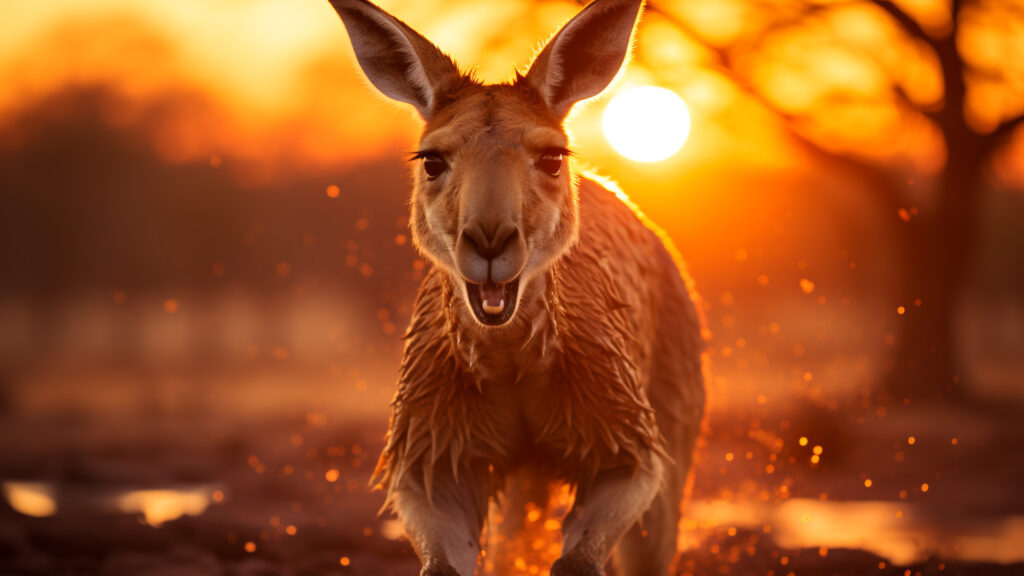 Kangaroos in mid-air silhouette against the outback sunset.