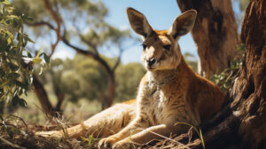 Kangaroos enjoying a midday siesta in the shade of gum trees.
