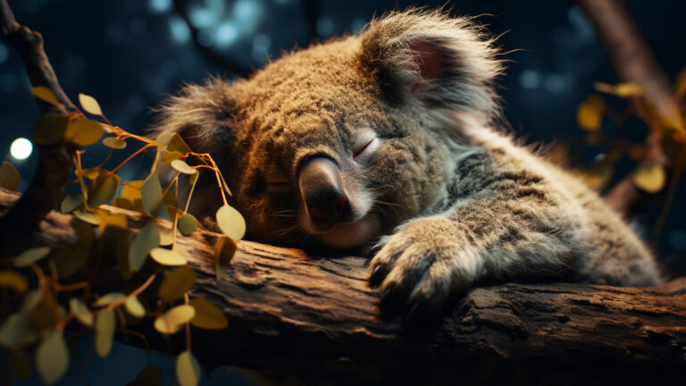 Peaceful koalas napping in treetops under a starry nocturnal sky.