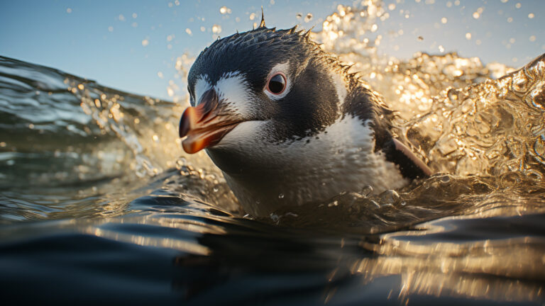 Graceful penguins gliding through crystal-clear waters.