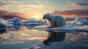 A lone polar bear wandering on an ice floe.