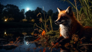 Red fox in a tranquil moment by a meadow pond under a full moon, portraying the serenity of the night.