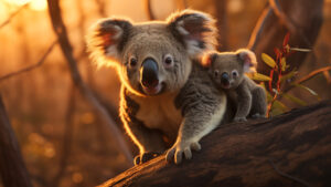 A heartwarming image of a mother koala and her joey.