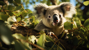 Silhouette of a koala amidst eucalyptus leaves.