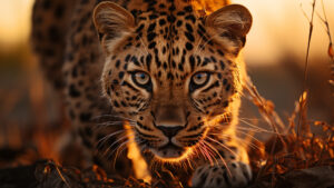 The focused and intense gaze of a leopard fixed on its target.