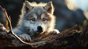 Mesmerizing gaze of a curious wolf pup as it explores its world, a heartwarming scene.
