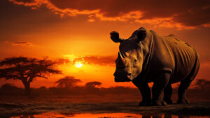 Silhouette of a rhino against a vivid African sun, symbolizing the untamed beauty of nature.
