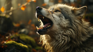 Stoic expression of a gray wolf as it begins its journey, portraying determination and resilience.