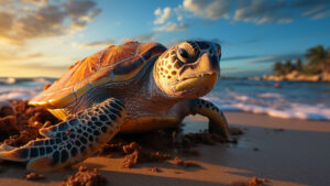 Sea turtle peacefully sleeping, an enchanting underwater moment that radiates serenity.
