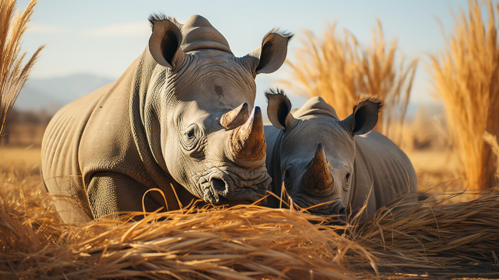 Two rhinoceroses engaged in a gentle nuzzling interaction, portraying a heartwarming display of connection and tenderness.