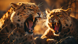 Two male leopards engaged in a fierce territorial battle.