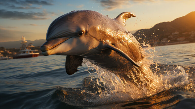 Dolphin breaching the surface of the water in a dynamic display of grace and power.