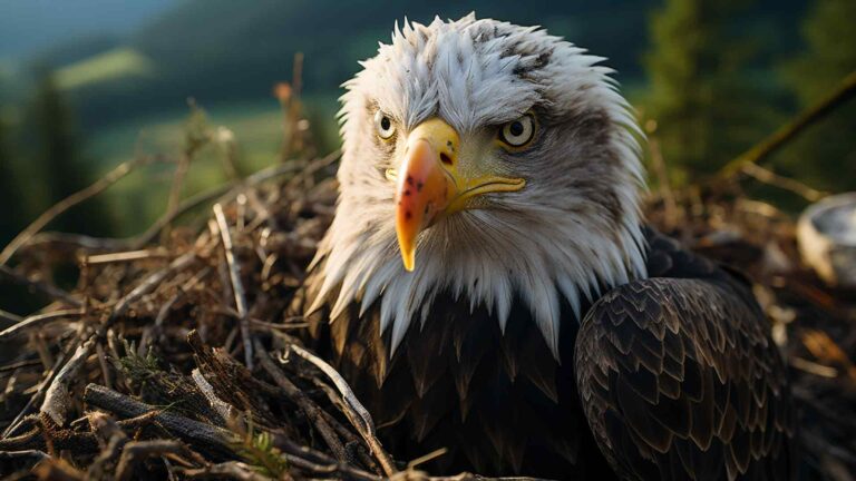 Mysterious Eagle in Nest, Close-Up View, deep look, misterious, in the woods.