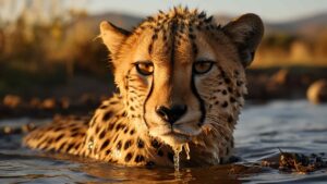 Cheetah in Water with Vigilant Gaze, dope wallpaper with cheetah in water.