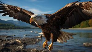 Eagle Flying Over River with Spread Wings