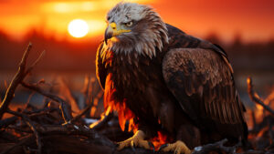 Eagle Silhouetted Against Fiery Sunset, perched eagle with deep look, behinde him is an sunset. Dope eagle against a sunset.