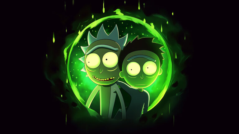 Illustration of Rick and Morty with glowing eyes inside a vibrant green portal - a dynamic and mysterious wallpaper.