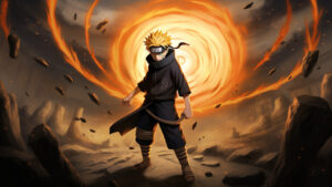 Naruto stands ready and just about to unleash his famous techniques with determination in his eyes.