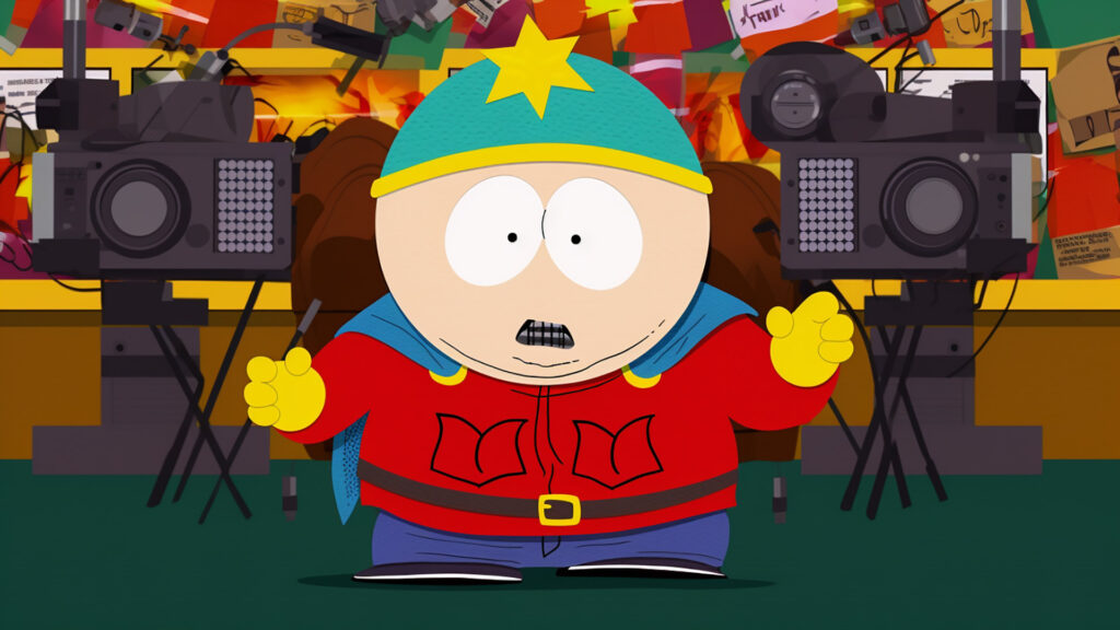 Illustration of Cartman becoming the star of a fictional reality TV show in South Park. The dynamic image captures Cartman's larger-than-life personality and the humor-filled scenario of his newfound stardom.