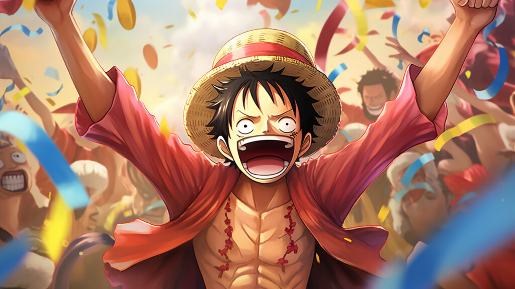 Luffy with a wide smile celebrates a victory!​