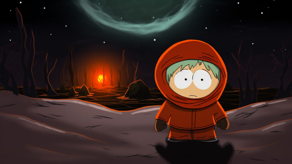 Illustration of Kenny McCormick experiencing a supernatural or otherworldly adventure. The dynamic image captures Kenny's journey through mysterious realms, encountering fantastical beings and strange phenomena.