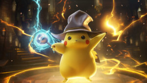 Pikachu dressed as a wizard in front of a glowing, magical portal.