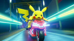 Pikachu racing on an electric motorcycle with racing gear.