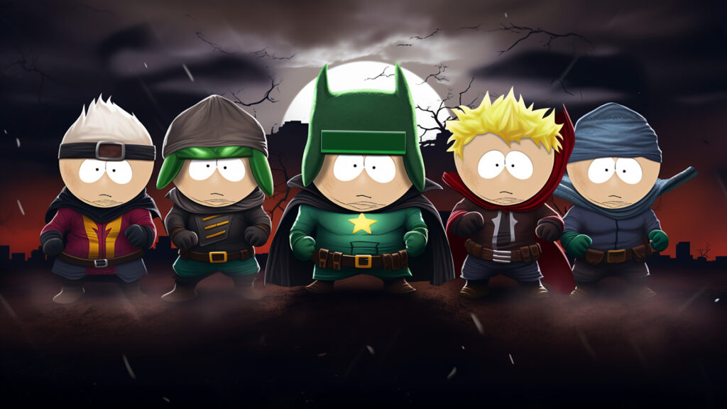 Illustration of the residents of South Park transforming into quirky superheroes with unique powers. The dynamic image captures the humor and chaos as familiar characters take on their whimsical alter egos.