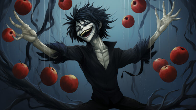 Dope Wallpaper - Playful Ryuk's Apple Entertainment - An artwork that immerses you in the playful side of Ryuk, where he showcases his boredom and love for his favorite snack in a unique and entertaining way, portraying the whimsical and mischievous nature of the Shinigami.