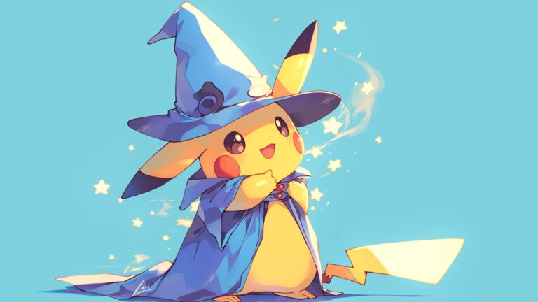 Pikachu from Pokémon dressed in a blue wizard suit and wearing a blue wizard hat on a light blue background