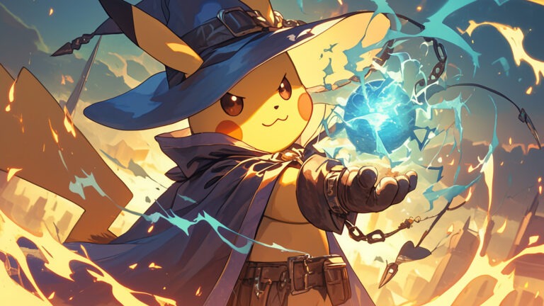 Pikachu dressed as a wizard casting a magical spell