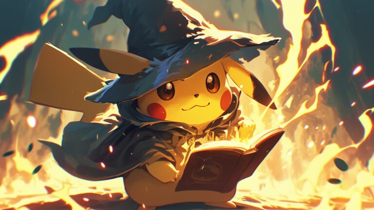 Pikachu is depicted in a cute blue wizard robe and hat, holding a book in his tiny hands, while surrounded by striking bolts of lightning, creating an electrifying atmosphere