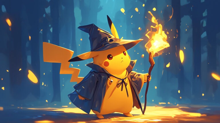 Dope Pikachu Wallpaper: Pikachu is dressed as a wizard in a blue robe and hat, standing in a forest with a magic wand. This wallpaper blends the worlds of Pokémon and fantasy magic