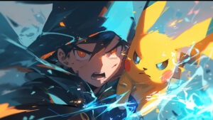 Ash Ketchum and Pikachu in an intense action scene, surrounded by vibrant colors and electric effects, showcasing their determination and teamwork.