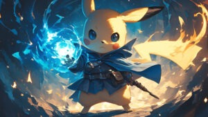 Pikachu dressed as a warrior mage, holding a glowing blue energy sphere, surrounded by dynamic blue and orange flames.