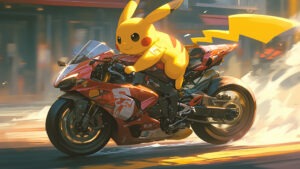 Pikachu from Pokemon riding a sport bike