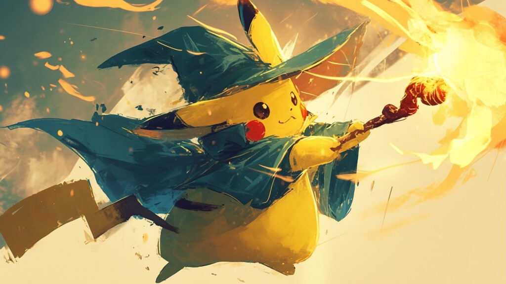 Pikachu dressed as a wizard casting a spell with a staff